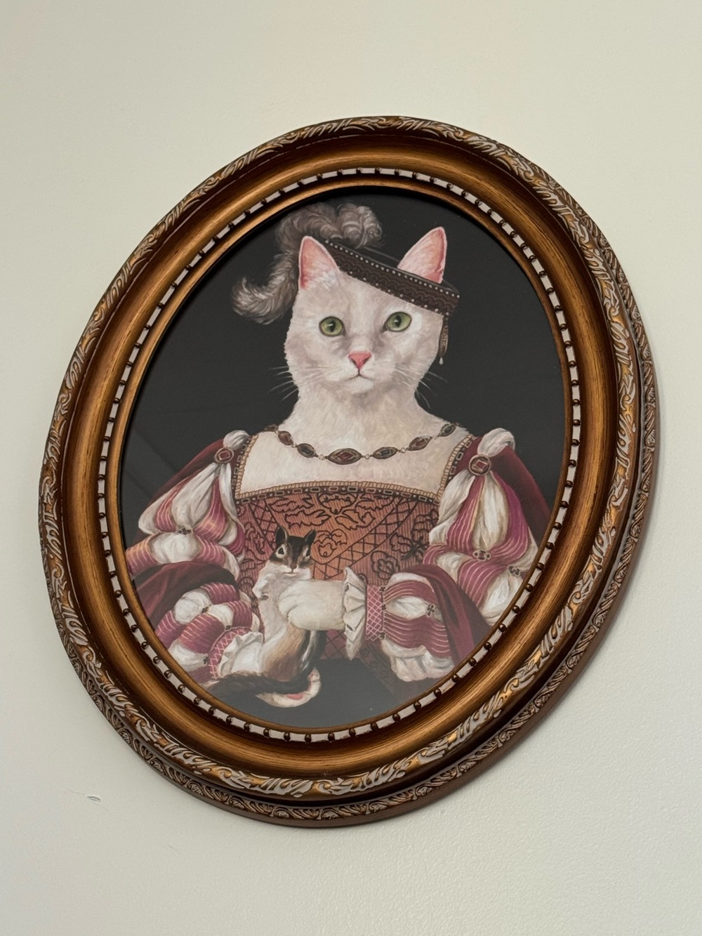 Regal Cat Portrait Framed Print White Cat Pink Dress likely artist Carol Lew